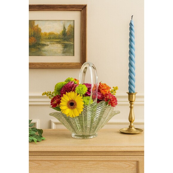 L.E. Smith Other - Vintage LE Smith Feather Glass Basket – Clear Pressed Glass, Mid-Century Design